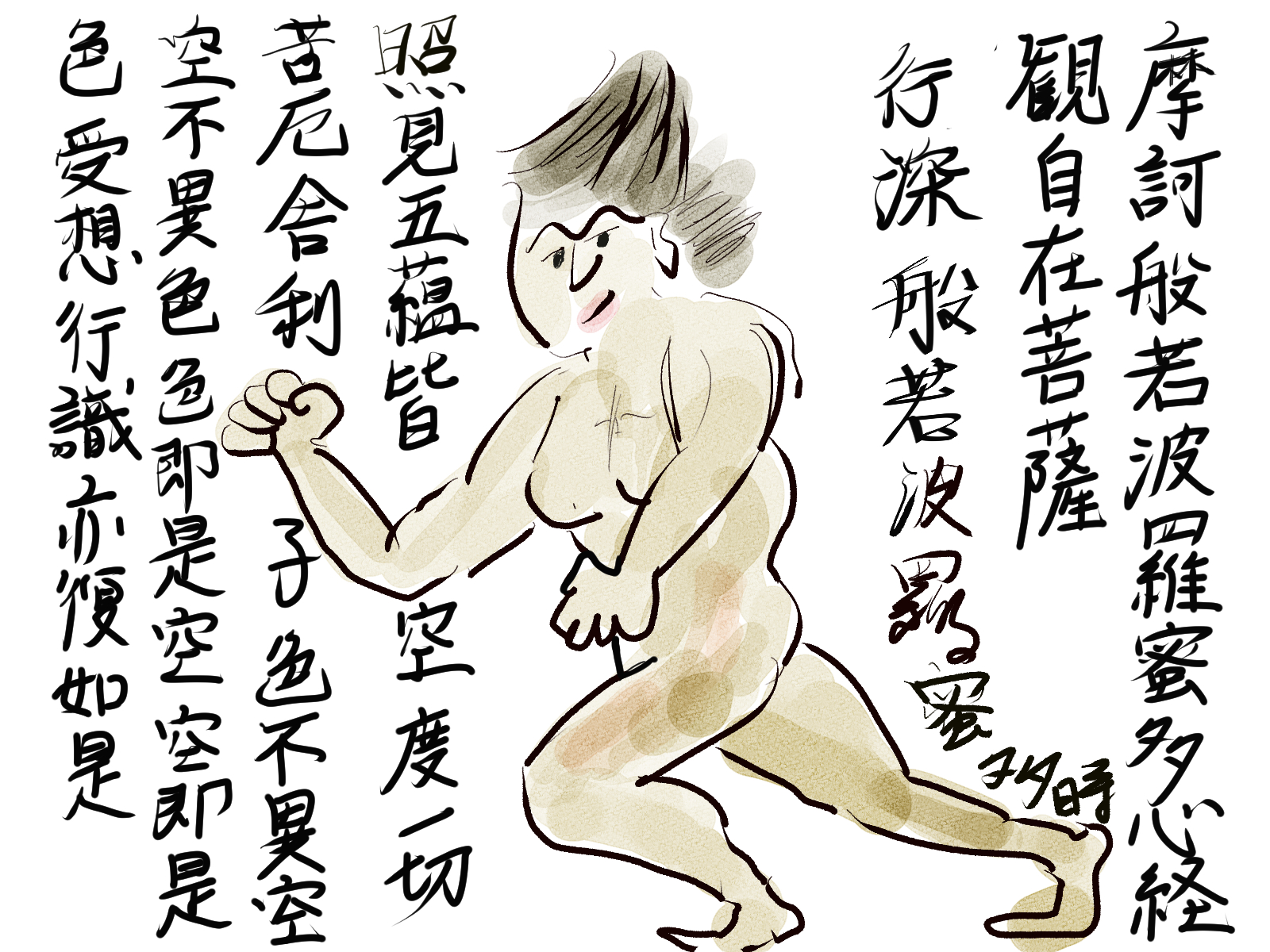 ポーズをとる男と般若心経